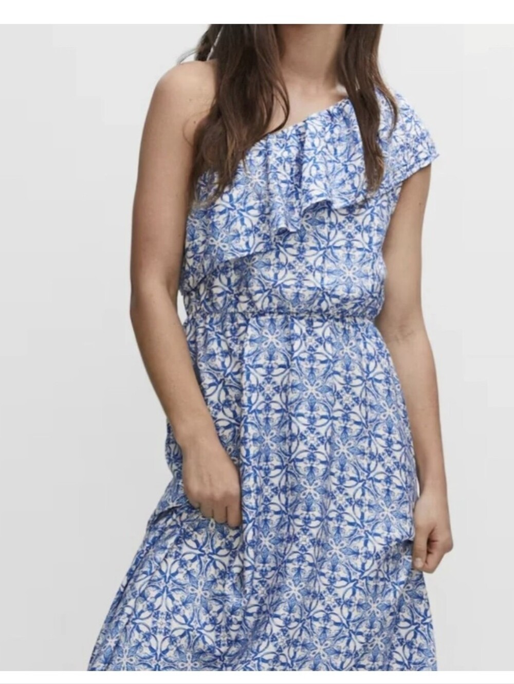 MNG by Mango Asymmetrical Ruffle Dress Blue/White Floral Tile Print Size XL(10)